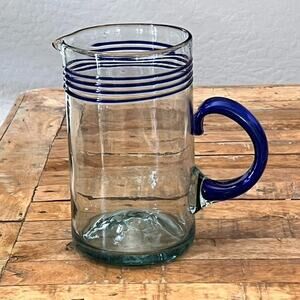 Mexico Hand Blown Art Glass Pitcher 9" Cobalt Blue Swirl Roping & Handle
